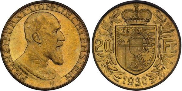 20 Franc Liechtenstein Gold Franz I, Prince of Liechtenstein (1853 -1938)