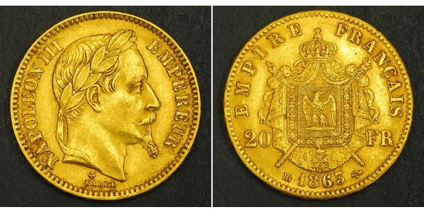 20 Franc Second French Empire (1852-1870) Gold Napoleon III (1808-1873)