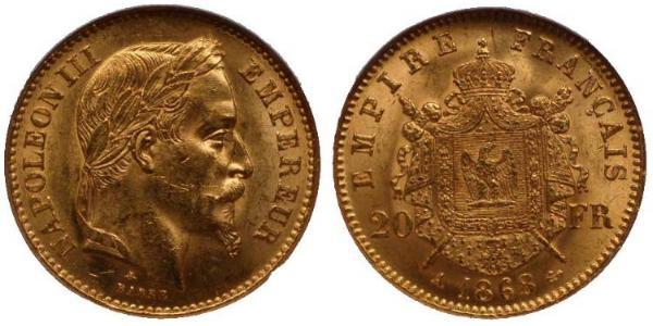 20 Franc Second French Empire (1852-1870) Gold Napoleon III (1808-1873)