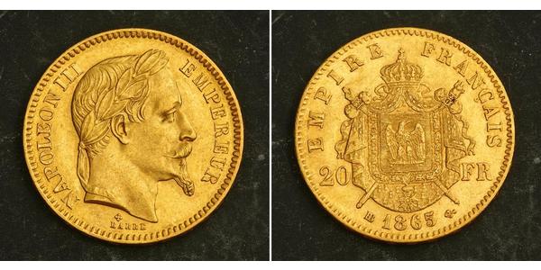 20 Franc Second French Empire (1852-1870) Gold Napoleon III (1808-1873)