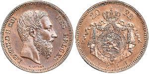 20 Franc Belgien Kupfer Leopold II (1835 - 1909)