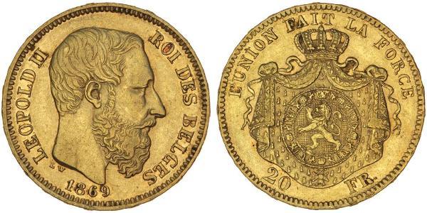 20 Franc Bélgica Oro Leopold II (1835 - 1909)