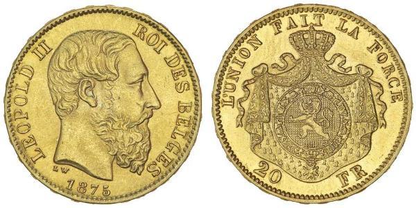 20 Franc Bélgica Oro Leopold II (1835 - 1909)