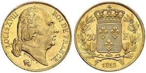 20 Franc Kingdom of France (1815-1830) Oro Luigi XVIII di Francia (1755-1824)