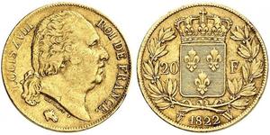 20 Franc Kingdom of France (1815-1830) Oro Luigi XVIII di Francia (1755-1824)