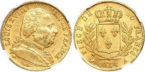 20 Franc Kingdom of France (1815-1830) Oro Luigi XVIII di Francia (1755-1824)