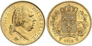 20 Franc Kingdom of France (1815-1830) Oro Luigi XVIII di Francia (1755-1824)