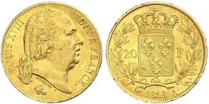 20 Franc Kingdom of France (1815-1830) Oro Luigi XVIII di Francia (1755-1824)