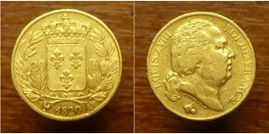 20 Franc Kingdom of France (1815-1830) Oro Luigi XVIII di Francia (1755-1824)