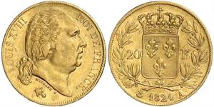 20 Franc Kingdom of France (1815-1830) Oro Luigi XVIII di Francia (1755-1824)