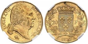 20 Franc Kingdom of France (1815-1830) Oro Luigi XVIII di Francia (1755-1824)