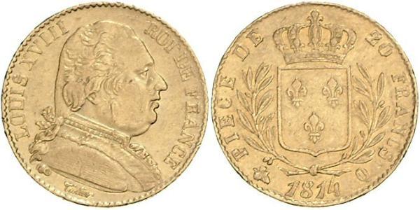 20 Franc Kingdom of France (1815-1830) Oro Luigi XVIII di Francia (1755-1824)