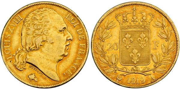 20 Franc Kingdom of France (1815-1830) Oro Luigi XVIII di Francia (1755-1824)