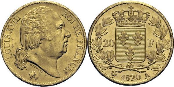 20 Franc Kingdom of France (1815-1830) Oro Luigi XVIII di Francia (1755-1824)