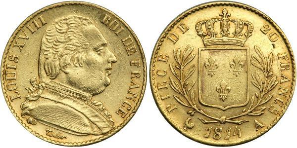 20 Franc Kingdom of France (1815-1830) Oro Luigi XVIII di Francia (1755-1824)