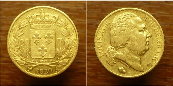 20 Franc Kingdom of France (1815-1830) Oro Luigi XVIII di Francia (1755-1824)