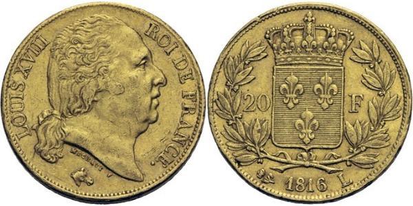 20 Franc Kingdom of France (1815-1830) Oro Luigi XVIII di Francia (1755-1824)