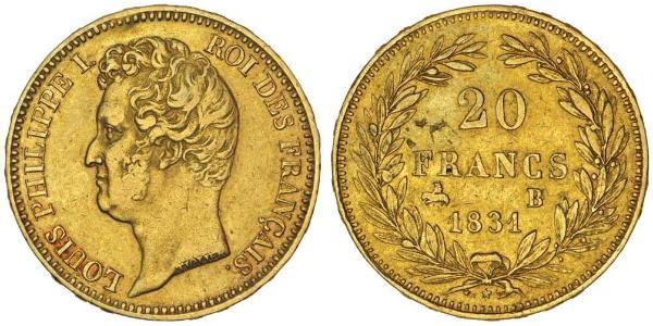 20 Franc Monarquía de Julio (1830-1848) Oro Luis Felipe I de Francia  (1773 -1850)