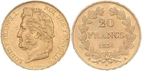 20 Franc Monarquía de Julio (1830-1848) Oro Luis Felipe I de Francia  (1773 -1850)