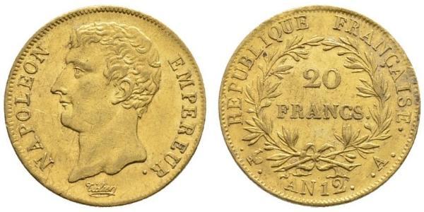 20 Franc Primer Imperio francés (1804-1814) Oro Napoleón Bonaparte(1769 - 1821)