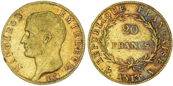 20 Franc Primer Imperio francés (1804-1814) Oro Napoleón Bonaparte(1769 - 1821)