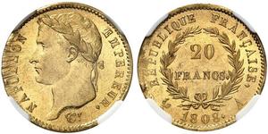 20 Franc Primo Impero francese (1804-1814) Oro Napoleone Bonaparte(1769 - 1821)