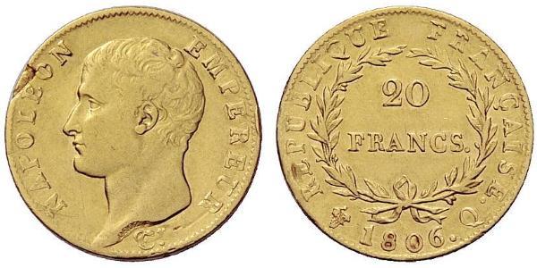 20 Franc Primo Impero francese (1804-1814) Oro Napoleone Bonaparte(1769 - 1821)