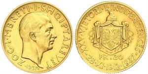 20 Franc Regno albanese (1928-1939) / Albania Oro Zog I, Skanderbeg III of Albania