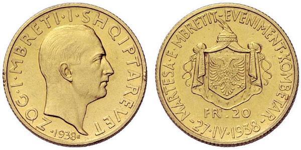 20 Franc Regno albanese (1928-1939) / Albania Oro Zog I, Skanderbeg III of Albania