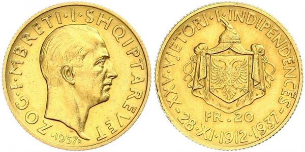 20 Franc Regno albanese (1928-1939) / Albania Oro Zog I, Skanderbeg III of Albania