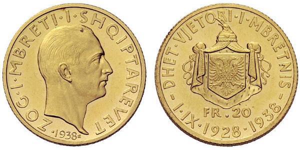 20 Franc Reino de Albania (1928-1939) / Albania Oro Zog I, Skanderbeg III of Albania