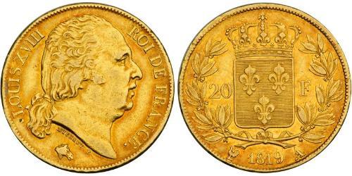 20 Franc Reino de Francia (1815-1830) Oro Luis XVIII de Francia (1755-1824)