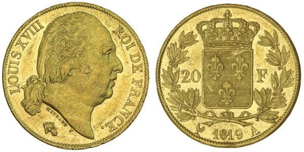 20 Franc Reino de Francia (1815-1830) Oro Luis XVIII de Francia (1755-1824)