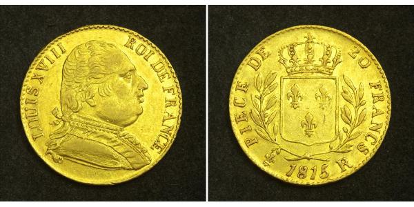 20 Franc Reino de Francia (1815-1830) Oro Luis XVIII de Francia (1755-1824)