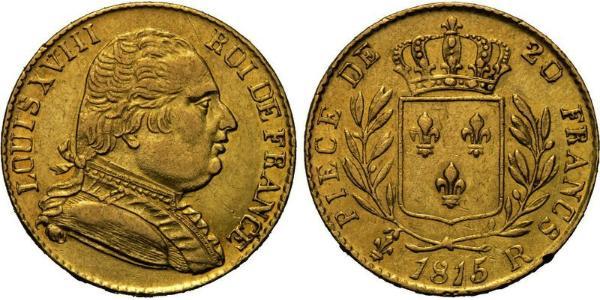20 Franc Reino de Francia (1815-1830) Oro Luis XVIII de Francia (1755-1824)
