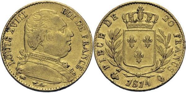 20 Franc Reino de Francia (1815-1830) Oro Luis XVIII de Francia (1755-1824)