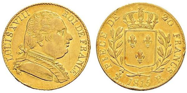 20 Franc Reino de Francia (1815-1830) Oro Luis XVIII de Francia (1755-1824)