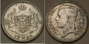 20 Franc Bélgica Plata Alberto I de Bélgica (1875 - 1934)