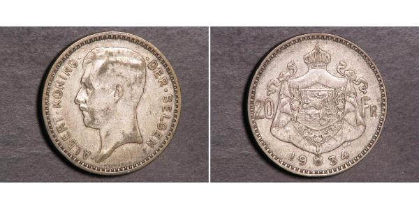 20 Franc Bélgica Plata Alberto I de Bélgica (1875 - 1934)