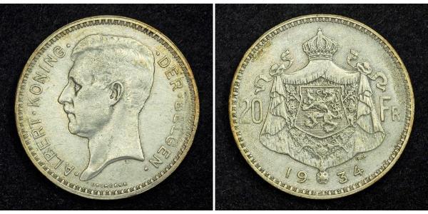 20 Franc Belgium Silver Albert I of Belgium (1875 - 1934)