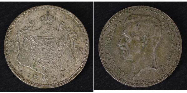20 Franc Belgium Silver Albert I of Belgium (1875 - 1934)