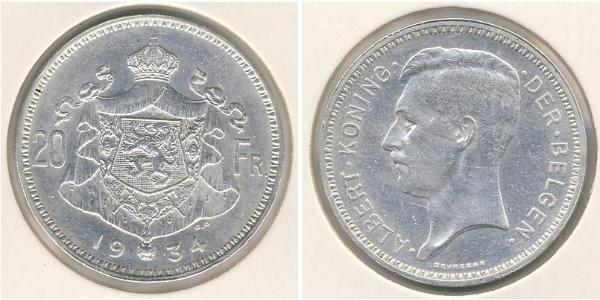 20 Franc Belgium Silver Albert I of Belgium (1875 - 1934)