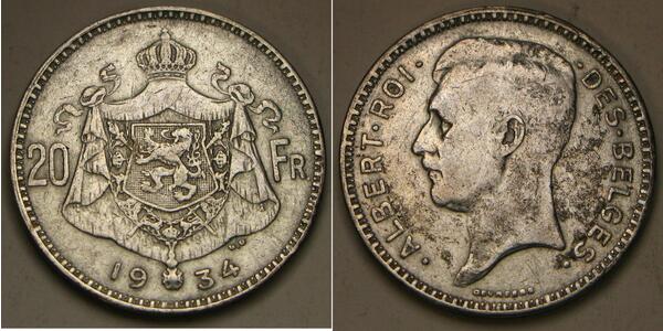 20 Franc Belgium Silver Albert I of Belgium (1875 - 1934)