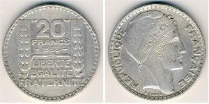 20 Franc French Third Republic (1870-1940)  Silver 