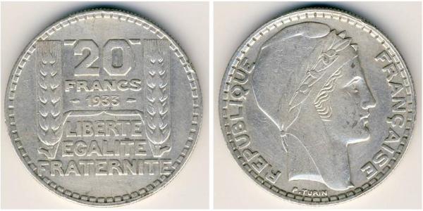 20 Franc French Third Republic (1870-1940)  Silver 