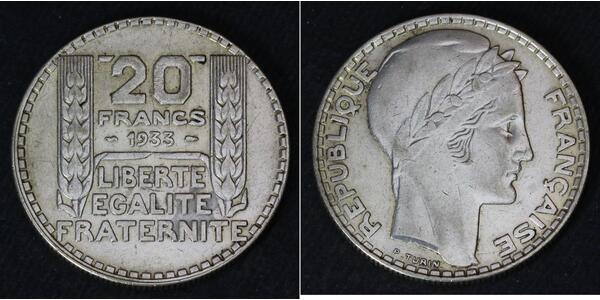 20 Franc French Third Republic (1870-1940)  Silver 