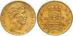 20 Franc 波旁复辟 金 查理十世 (法兰西) (1757-1836)