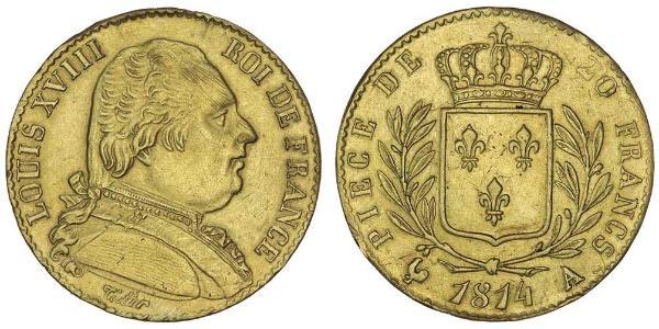 20 Franc 波旁复辟 金 路易十八 (1755 - 1824)