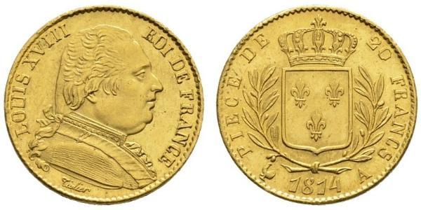20 Franc 波旁复辟 金 路易十八 (1755 - 1824)