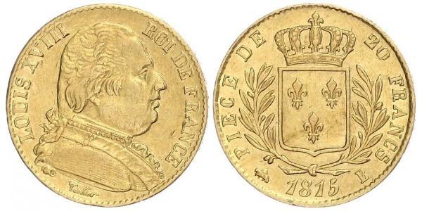 20 Franc 波旁复辟 金 路易十八 (1755 - 1824)